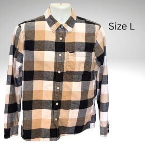 Hollister Men’s Plaid Flannel Shirt Size L Tan Black White Long Sleeve